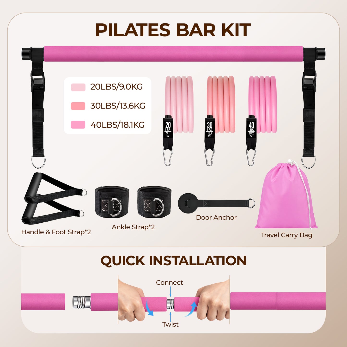 Pilates Bar Kit with Resistance Bands, Adjustable 3-Section Pilates Bar Kit, Stackable Bands Workout Equipment, Suitable for Arms, Waist, Hips & Legs, Home Exercise Fitness Equipment for Women & Men