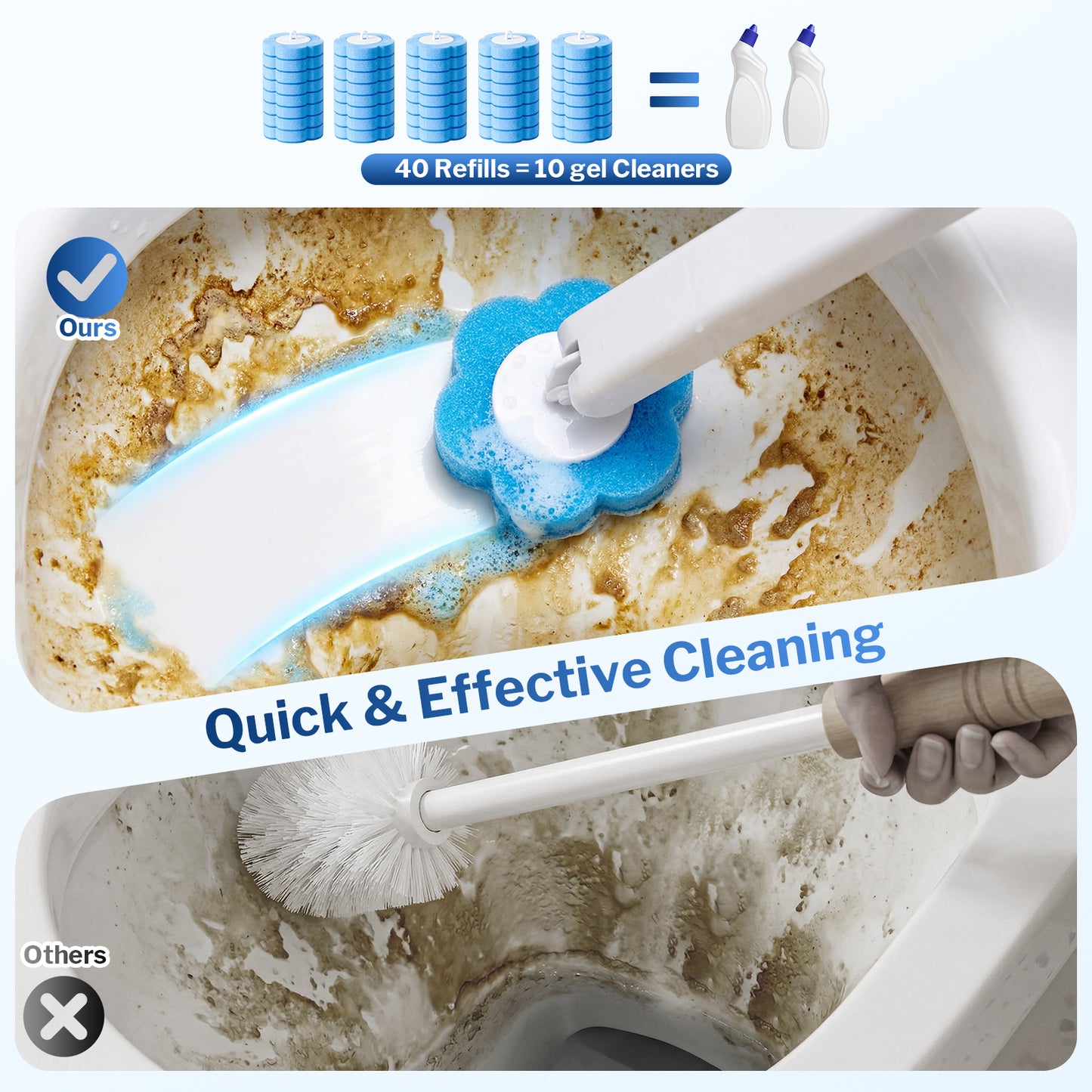 Skdwakiz Disposable Toilet Brush and Holder Set, Toilet Bowl Cleaner Wands with 40 Cleaner Refills & 1 Crevice Brush, White