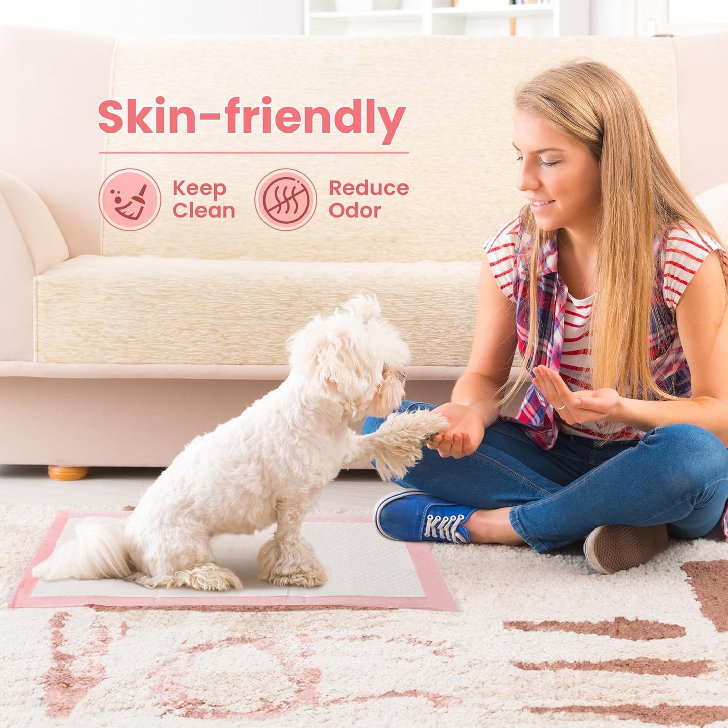 Skdwakiz Puppy Pads, 100 Count Thickened Disposable Pee Pads 18" x 13" for Dogs Potty Training, Super Absorbent | Leak-Proof | Quick-Dry Wee Wee Pads for Dog, Cat, Rabbits and Guinea Pigs (Pink)
