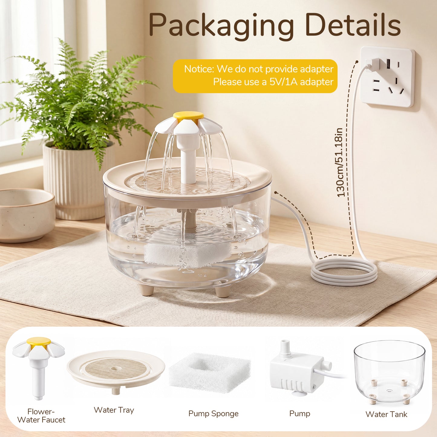 Skdwakiz 1.5L/51oz Cat Water Fountains for Drinking: Low Noise Automatic Pet Water Dispenser with 2 Water Flow Mode & Anti-Dry Burn - Cute Flower Shape Water Bowl for Cats and Dogs, Clear