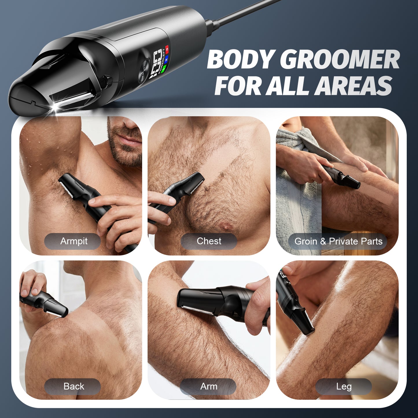 Arenviy Electric Body Trimmer for Men, No-Nick Pubic Hair Trimmer, Groin & Ball Shaver with 4 Combs, IPX6 Waterproof Body Groomer, Back Shaver for Men, LCD Display, LED Light & USB Rechargeable