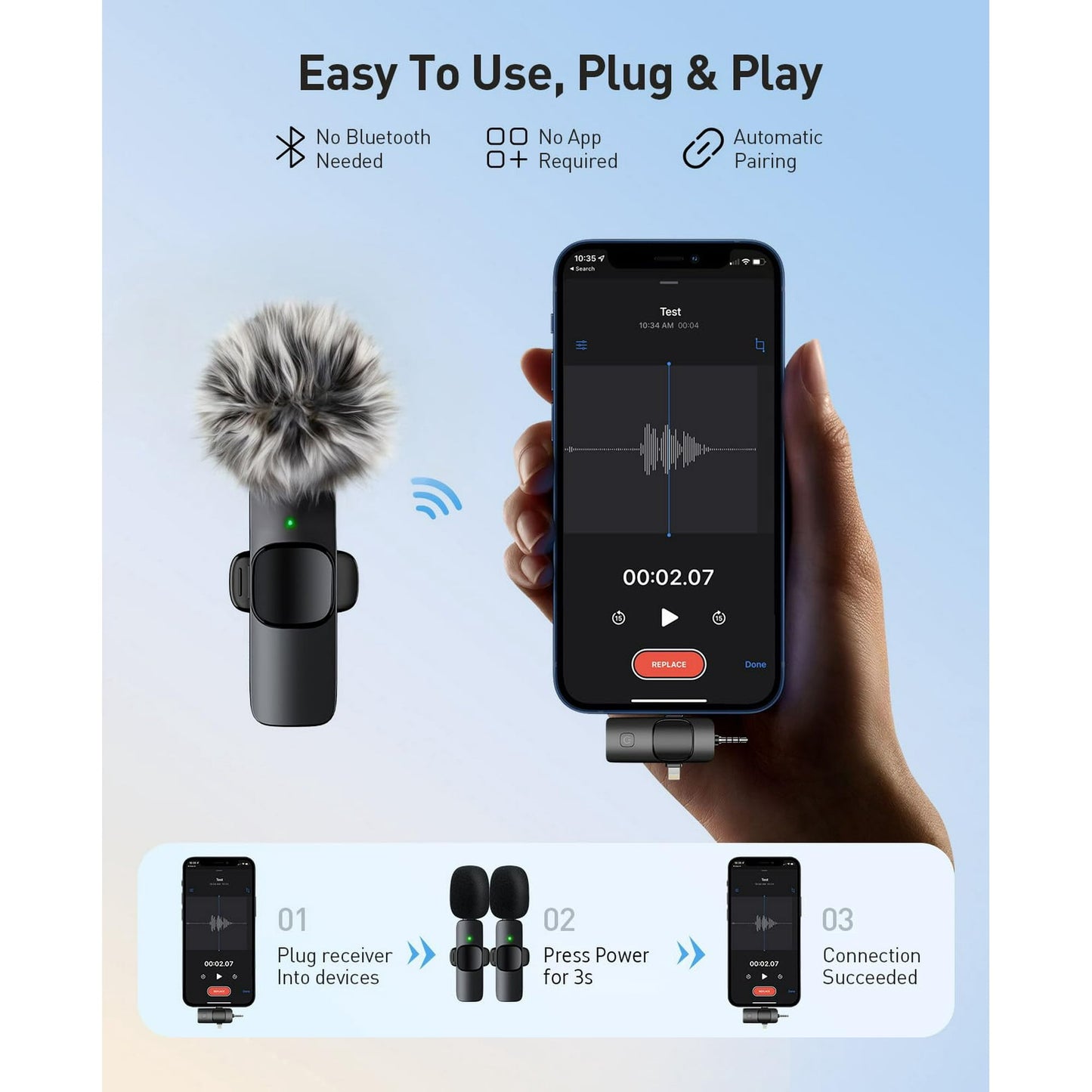 Plug & Play Mini Mic: 3 in 1 Wireless Lavalier Microphone for iPhone, Android & Camera, Professional Lapel Microphone with Noise Reduction | Real-Time Monitoring for Video Recording