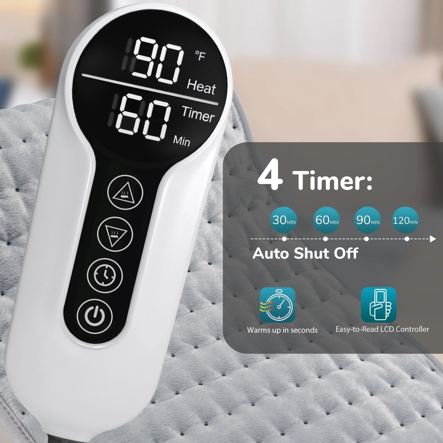 TCVOR Deluxe Flannel Heating Pad for Deep Heat and Comfort, 12" x 24" Electric Heating Pad with 6 Heat Settings, 4 Timer Auto Safety Shut Off, Machine Washable, Dry and Moist Heat Option