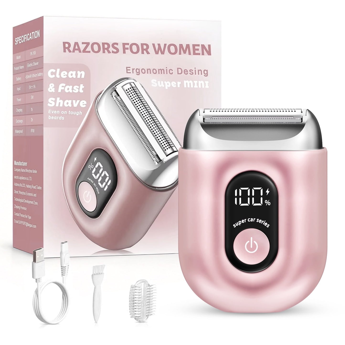 Skdwakiz Cordless Electric Shaver for Women: Mini Electric Razors with LED Display - Rechargeable Bikini Trimmer - IPX7 Waterproof Wet Dry Face Razor for Body Leg, Pink