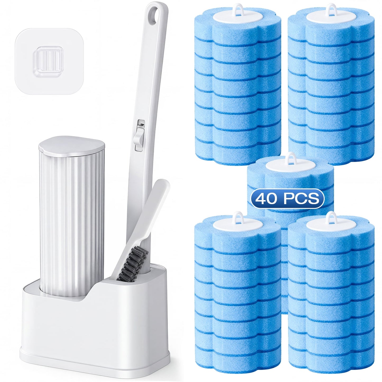 Skdwakiz Disposable Toilet Brush and Holder Set, Toilet Bowl Cleaner Wands with 40 Cleaner Refills & 1 Crevice Brush, White