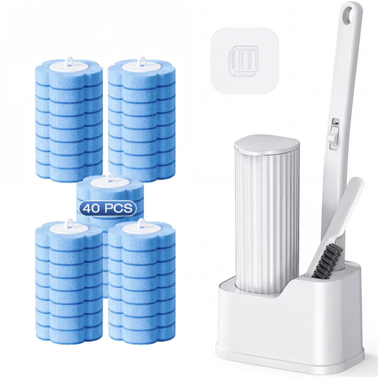 Skdwakiz Disposable Toilet Brush and Holder Set, Toilet Bowl Cleaner Wands with 40 Cleaner Refills & 1 Crevice Brush, White