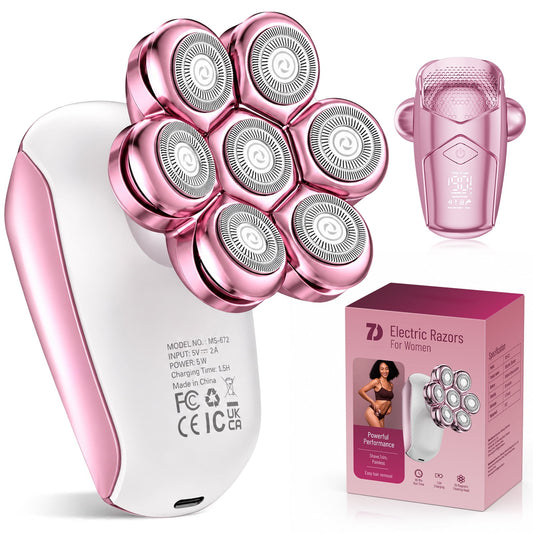 Nogroa Electric Razor for Women Legs, 7D Rechargeable Cordless Body Head Shaver, IPX6 Waterproof Wet/Dry Bikini Trimmer Hair Epilator, Trimmer for Lady Face Underarms Pubic, Pink