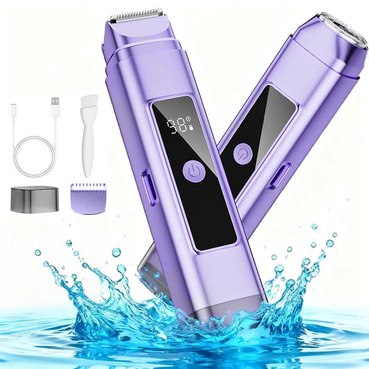 Nogroa Bikini Trimmer for Women, 2-in-1 Womens Electric Razor with Dual Heads, IPX7 Waterproof Wet & Dry Body Pubic Hair Trimmer, USB Rechargeable Cordless Shaver for Face, Lip, Underarm & Legs, Blue