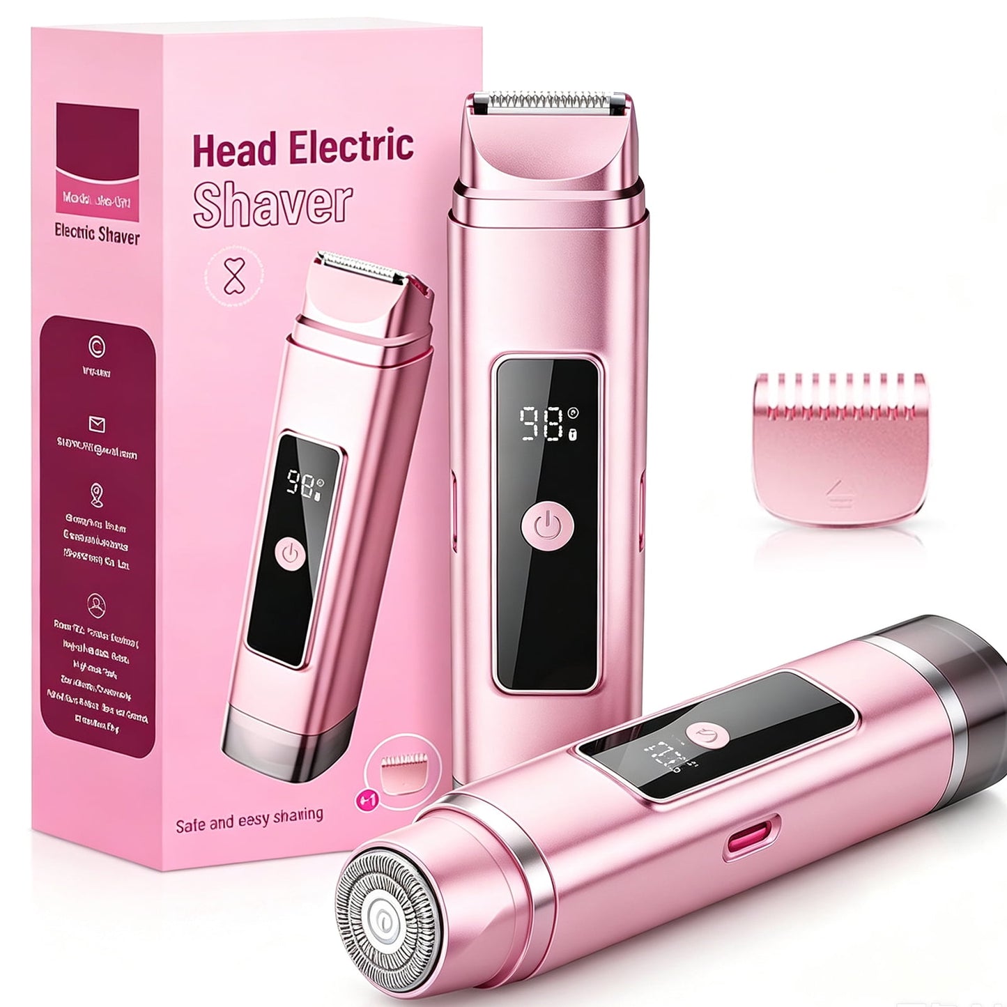 Nogora 2 in 1 Women Electric Shaver, Dual Head Bikini Trimmer for Women, IPX7 Waterproof Wet & Dry Body Pubic Hair Trimmer, Cordless Lady Electric Razor for Face, Underarm & Legs, Pink