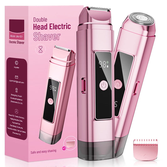 Nogroa 2 in 1 Women Electric Shaver, Dual Head Bikini Trimmer for Women, IPX7 Waterproof Wet & Dry Body Pubic Hair Trimmer, Cordless Lady Electric Razor for Face, Underarm & Legs, Pink