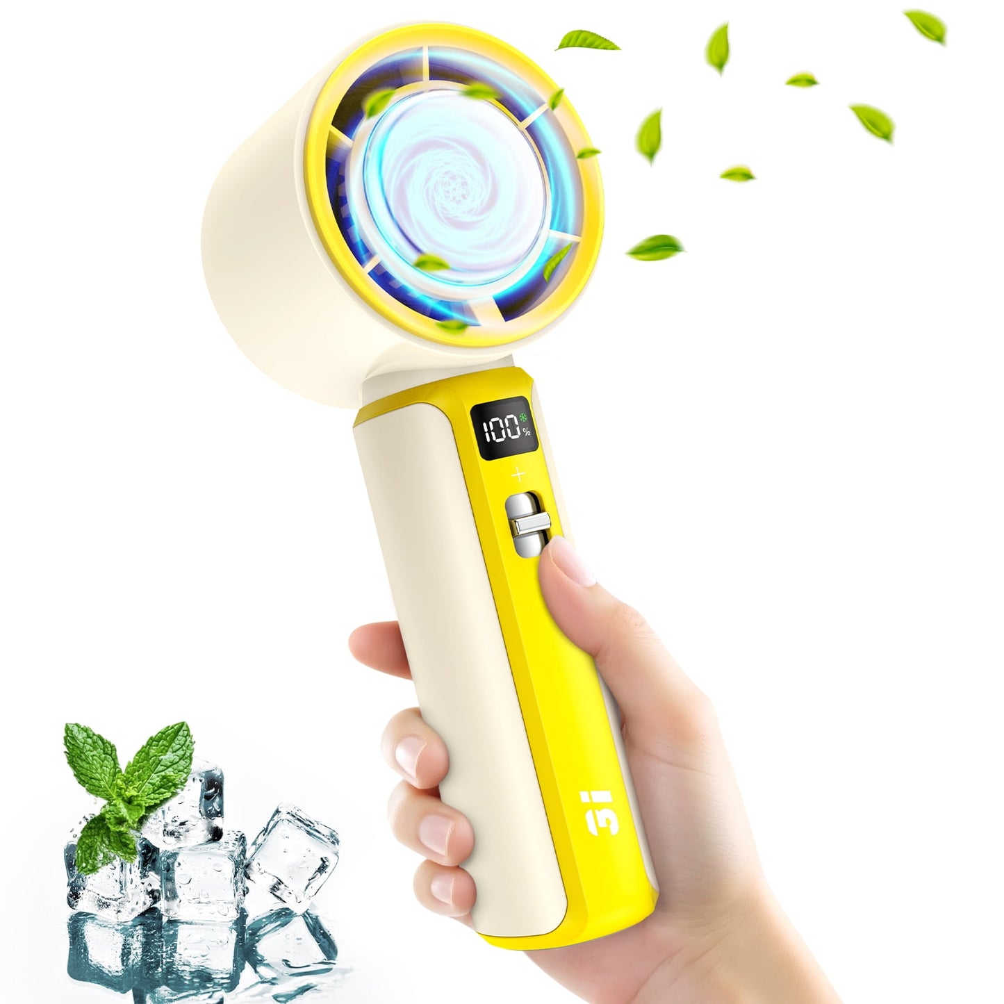 Portable Handheld Fan, 100 Speed Electric Personal Fan Rechargeable with LED Display and Ice Sense Chip to Ice High-Speed Mini Turbo Fan for Outdoor Home