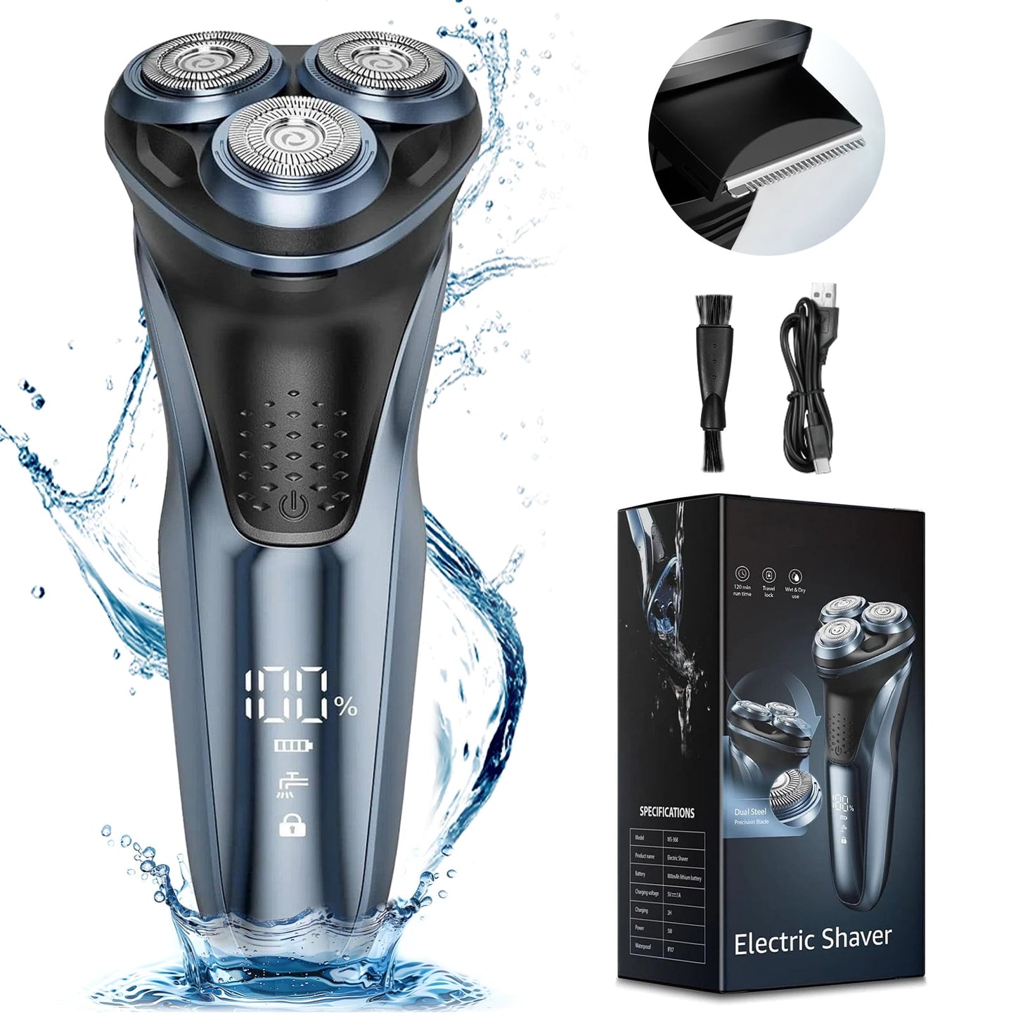 Nogroa Electric Shavers for Men, IPX7 Waterproof Cordless Razor with Cleaning Brush, Portable Rechargeable Electric Rotary Beard Trimmer for Home Travel
