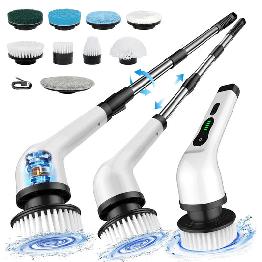 Skdwakiz Electric Spin Scrubber, Cordless Cleaning Brush with Long Handle & 9 Replaceable Heads, Power Shower Scrubber for Bathroom, Bathtub & Tile Floor