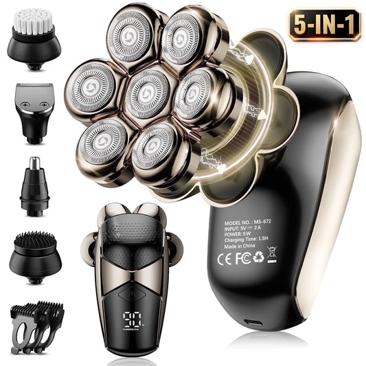 Nogroa Head Shavers for Bald Men, Magnetic Electric Razor, 7D Rotary Shaver 5 in 1 Grooming Kit, IPX7 Waterproof, Wet/Dry, LED Display, Rechargeable, Cordless
