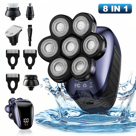 Nogroa Head Shaver Set, 7D Electric Hair Razor for Bald Men, 8-in-1 IPX6 Waterproof Cordless Rechargeable Wet/Dry Clipper Nose Trimmer Grooming Kit with Type C Charge, LED Display