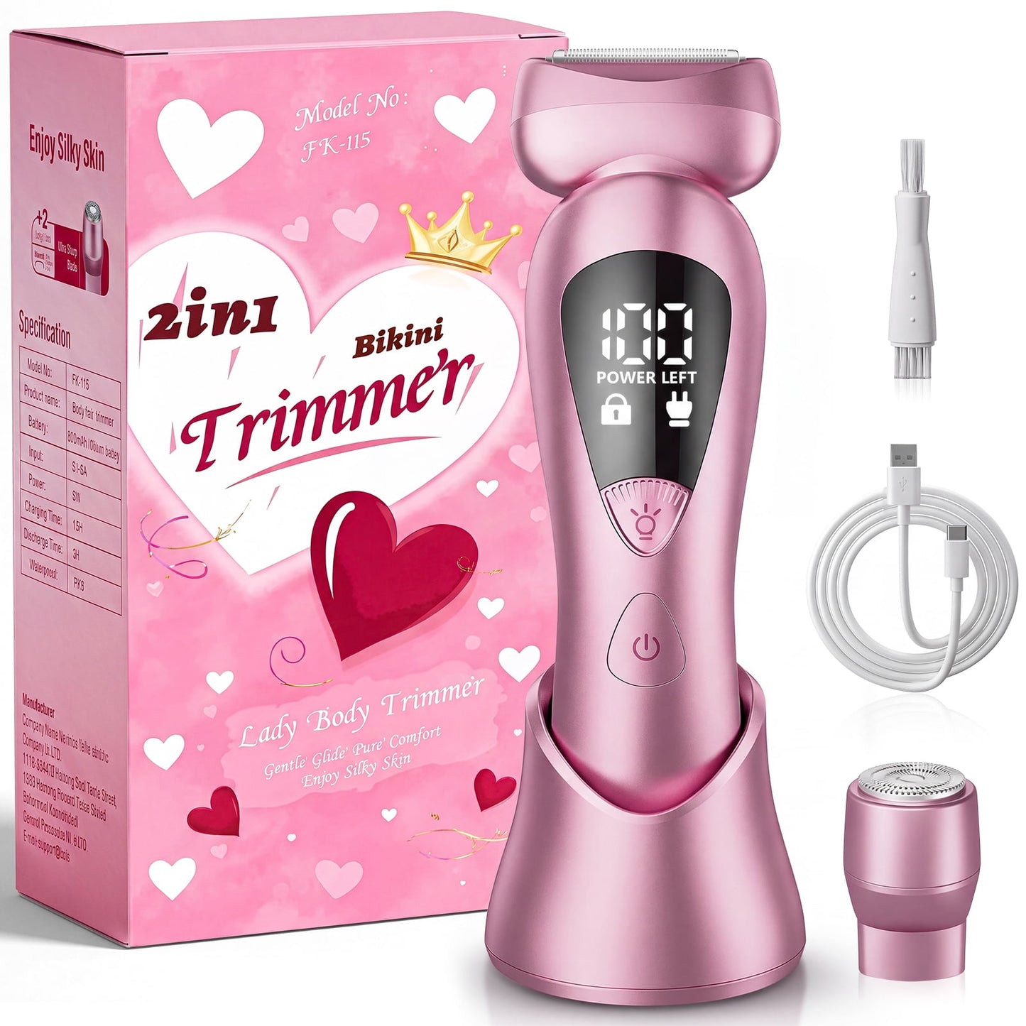 Skdwakiz Electric Razor for Women, 2-in-1 Womens Electric Razor, Rechargeable Cordless Bikini Trimmer Shaver, IPX7 Waterproof Wet Dry Body Pubic Hair Trimmer, Lady Shaver for Face, Underarm & Legs
