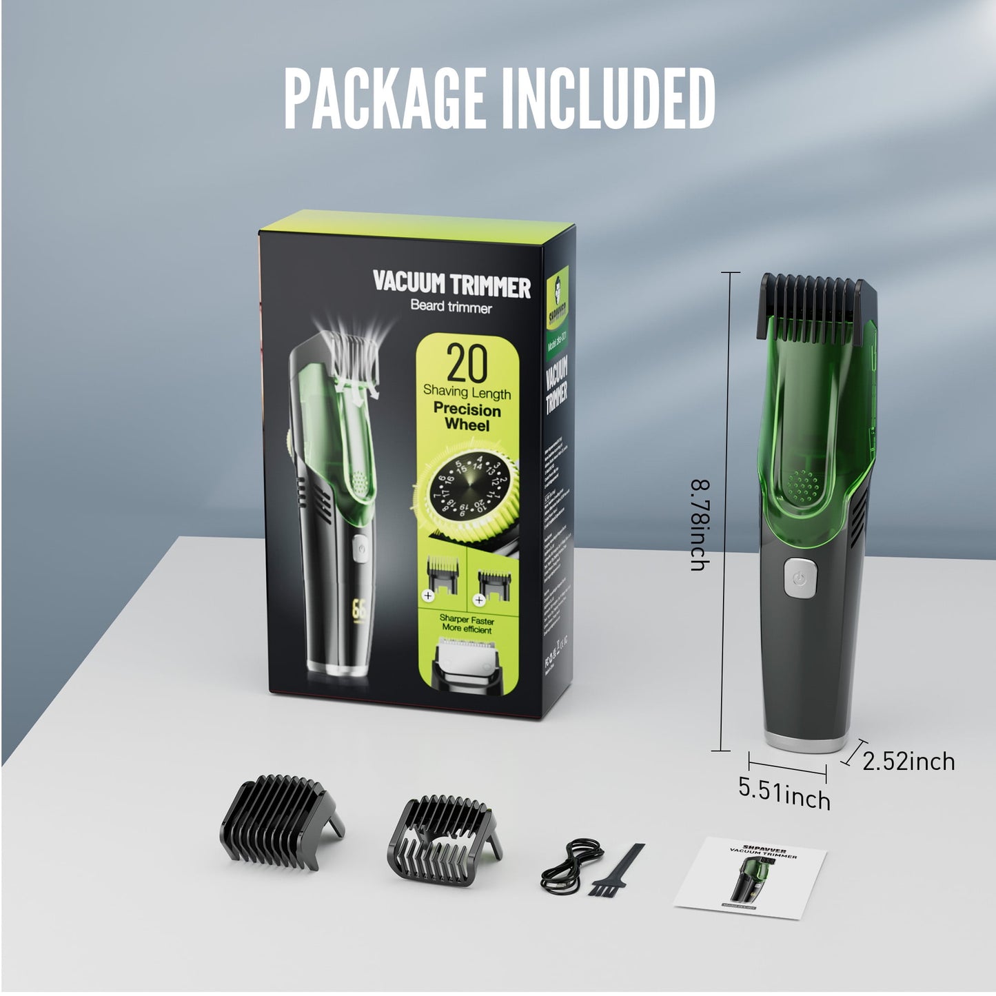 Nogroa Vacuum Beard Trimmer for Men, Cordless Electric Shaver with 20 Trim Setting, Built-in Vacuum Cleaner for Mustache, Sideburns, Facial Hair, Rechargeable, IPX6 Waterproof, with 2 Comb