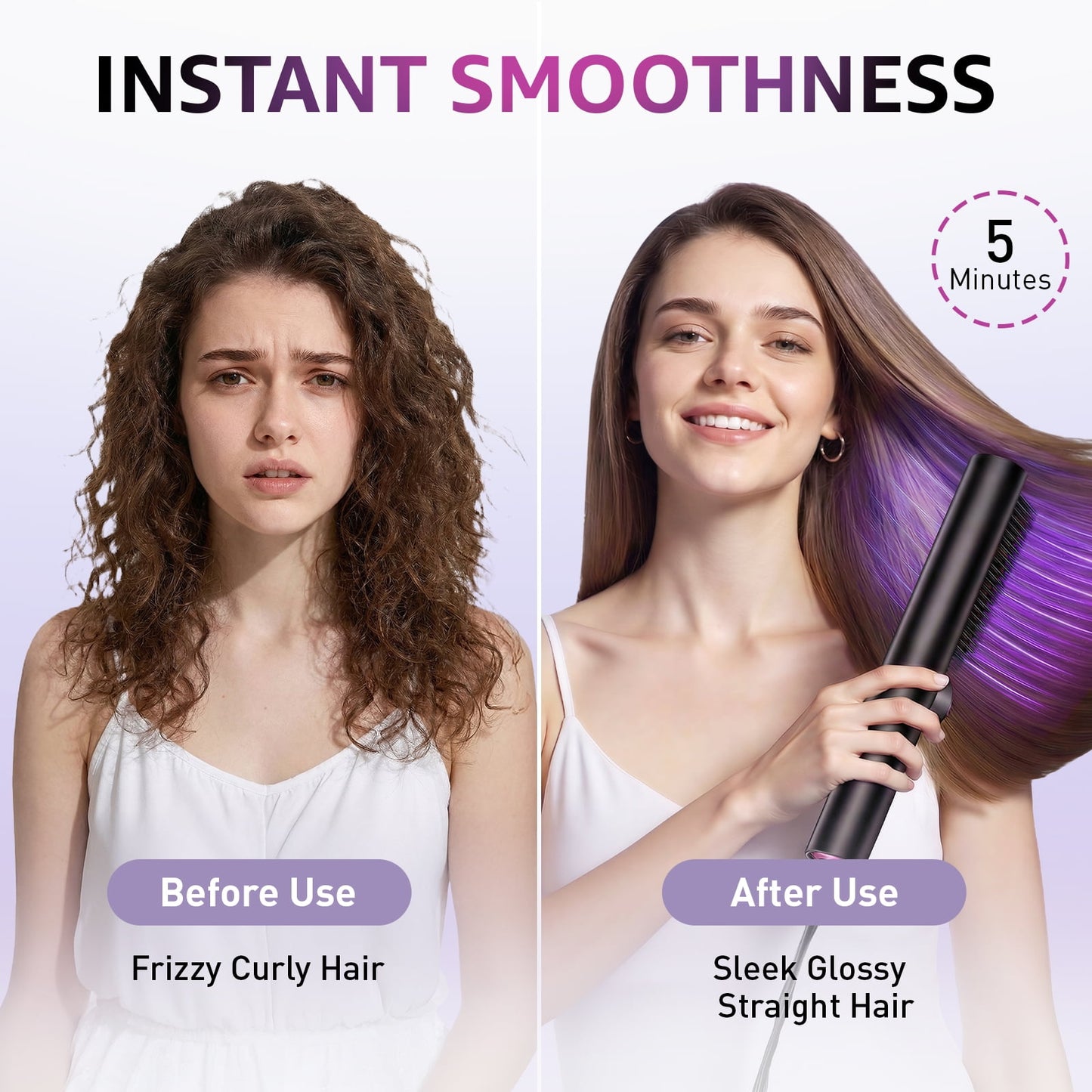 Hair Straightener Brush, 3-in-1 Heated Curling & Straightening Flat Iron Comb for Women, Anti-Scald Ceramic Hot Comb with 16 Temp Settings & 20s Fast Heating, LED Display, Dual Voltage, Black