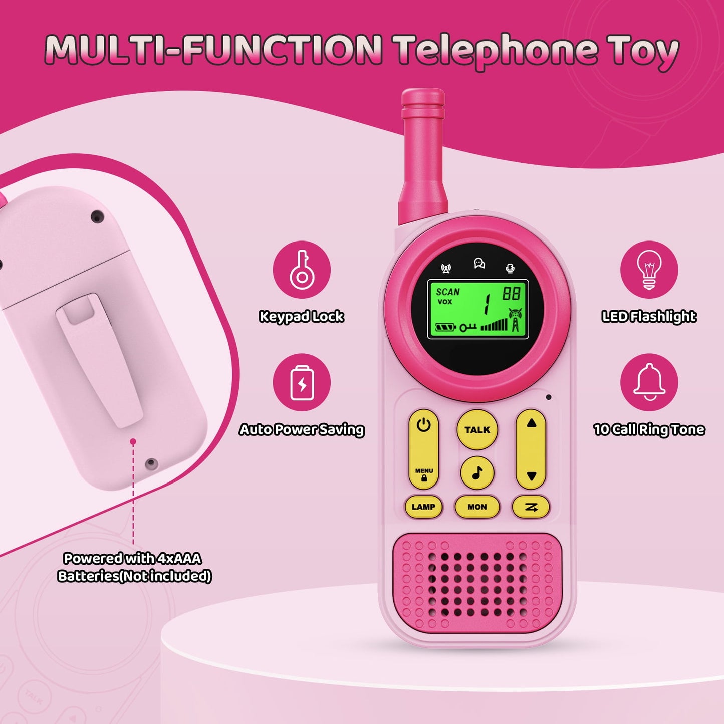 Arenviy 2-Pack Multifunctional Toy Phone for Kids Ages 3–10, Toy Cell Phone with Flashlight & Lanyard, Christmas and Birthday Gifts for Boys & Girls, Pink