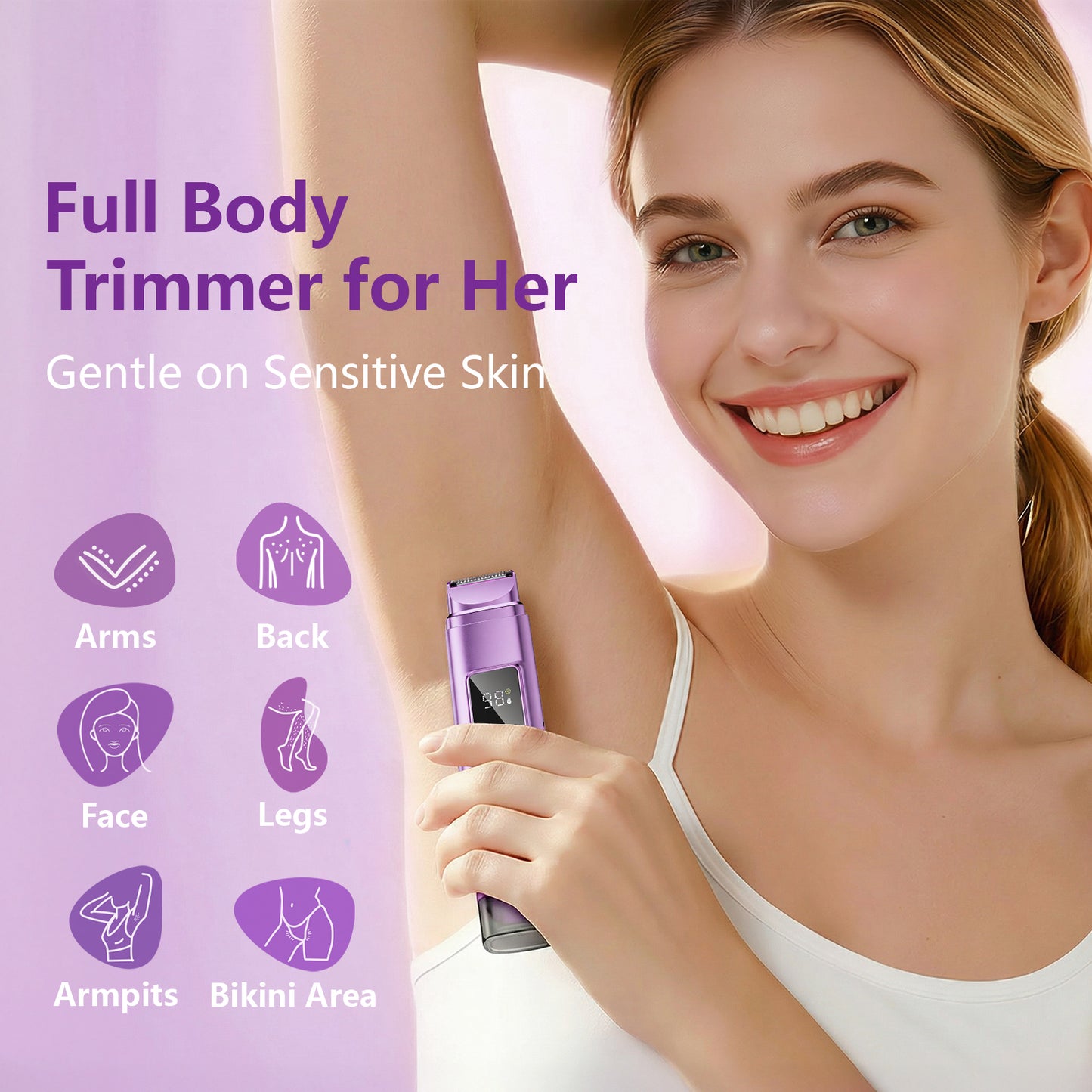 Nogroa Bikini Trimmer for Women, 2-in-1 Womens Electric Razor with Dual Heads, IPX7 Waterproof Wet & Dry Body Pubic Hair Trimmer, Portable Cordless Lady Shaver for Face, Lip, Underarm & Legs, Purple