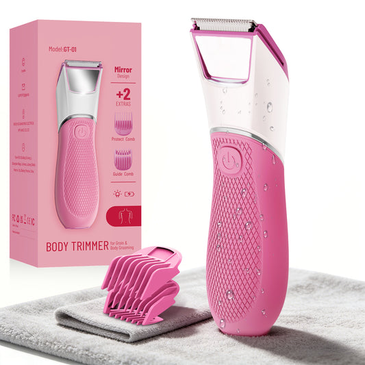 Nogroa Bikini Trimmer for Women, Pubic Hair Trimmer with Mirror & LED Light, Cordless Electric Razor Body Shaver for Trip, USB Rechargeable, IPX7 Waterproof, Ceramic Blade - for Silk Skin