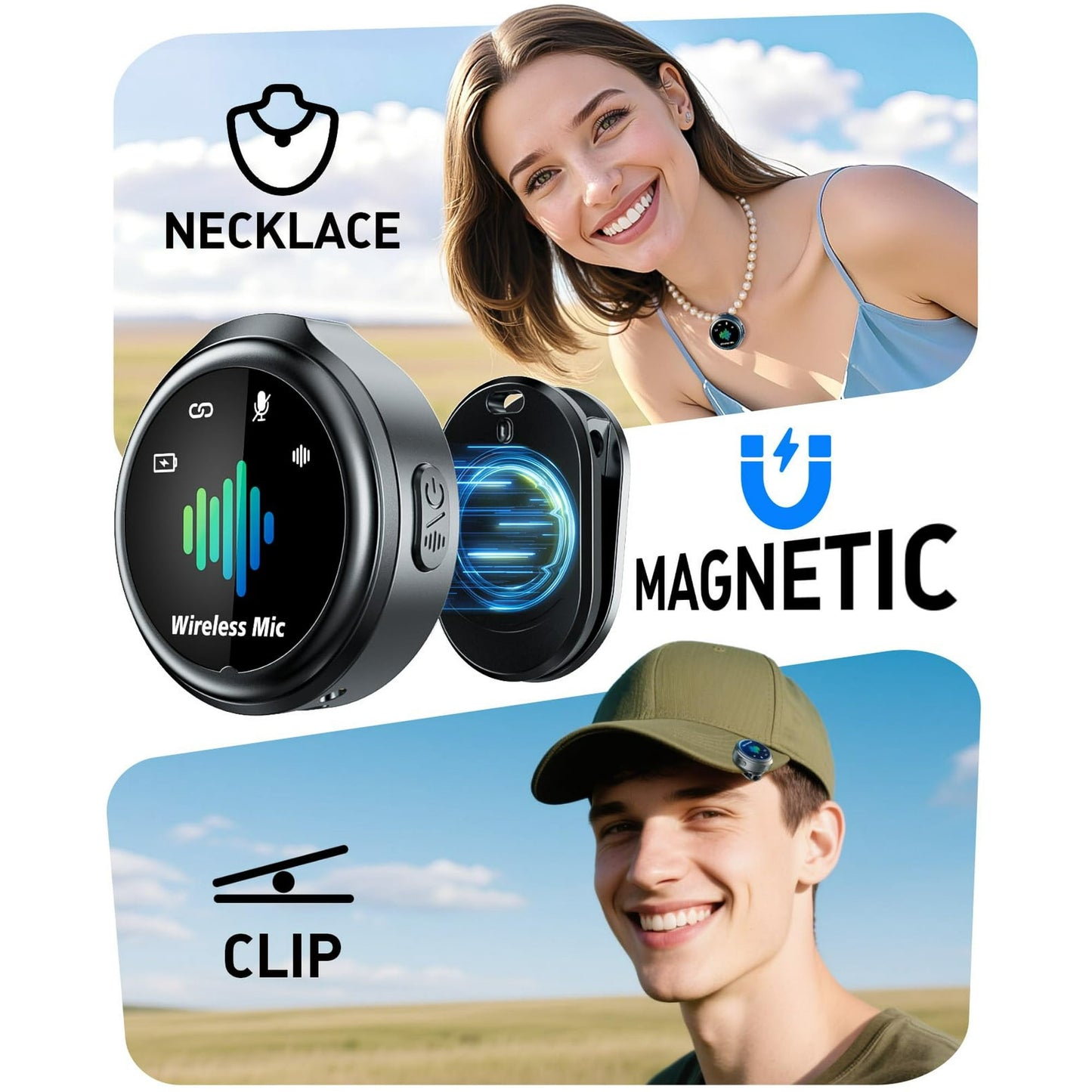 Skdwakiz Wireless Lavalier Microphone: Plug and Play Mini Mic for iPhone & Android, Magnetic Clip Lapel Microphone with Noise Canceling/Real Time Monitoring for Video Recording