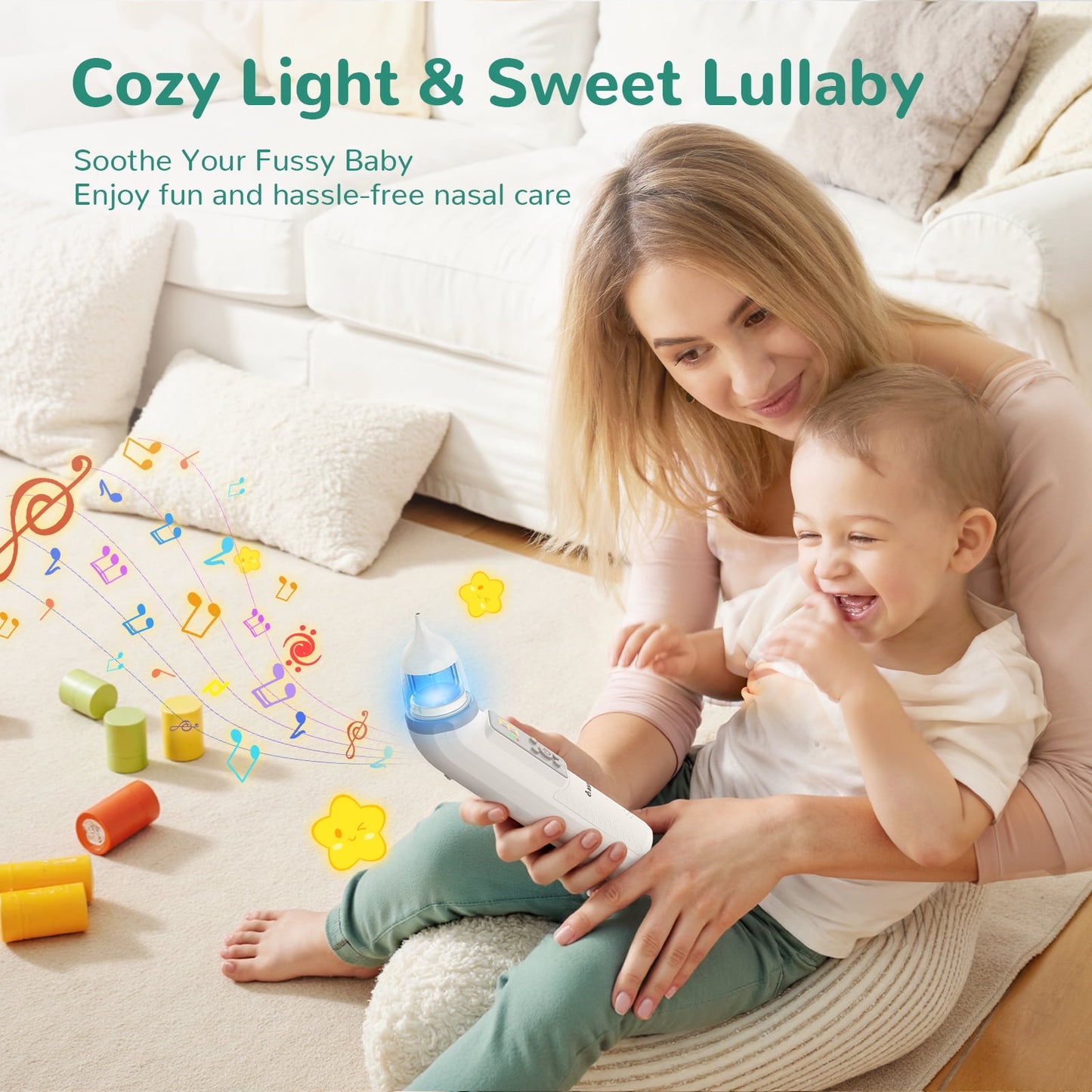 Skdwakiz Nasal Aspirator for Baby, Electric Baby Nose Sucker, Automatic Toddlers Nose Cleaner with 5 Suctions Power, 3 Silicone Tips, 3 Music Modes & Light Soothing Function