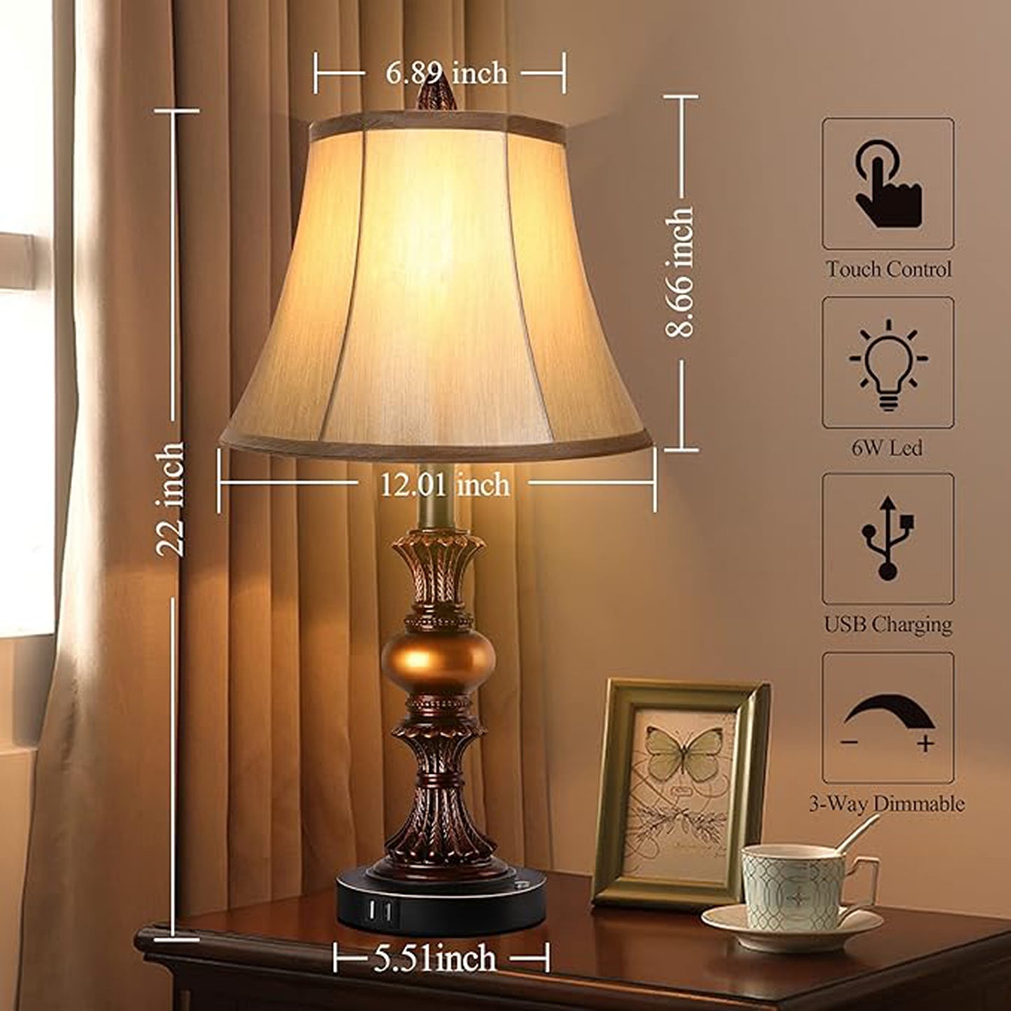Skdwakiz 22" Table Lamps Set of 2, Lamps for Bedroom with USB Charging Ports, 3 Way Dimmable Touch with Linen Fabric Lampshade, Modern Small Table Lamp for Nightstand, Living Room (Bulbs Include)