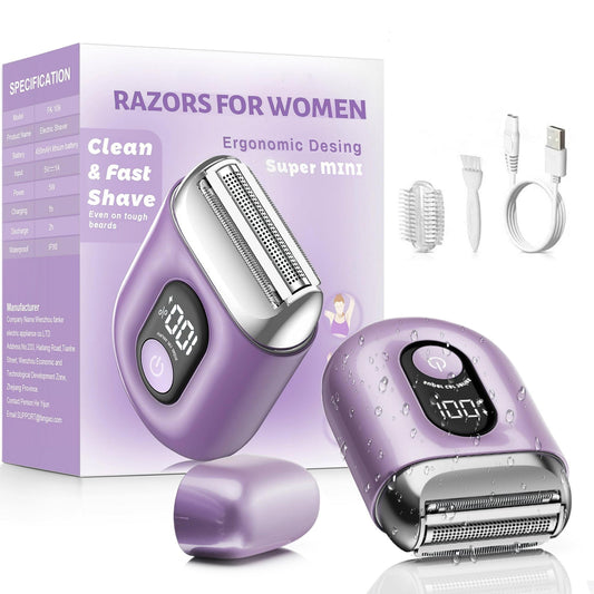 Nogroa Electric Razor for Women: Mini Electric Foil Shavers with IPX7 Waterproof Led Display - Rechargeable Bikini Trimmer - Cordless Portable Body Hair Trimmer for Underarm Leg Arm Face, Purple
