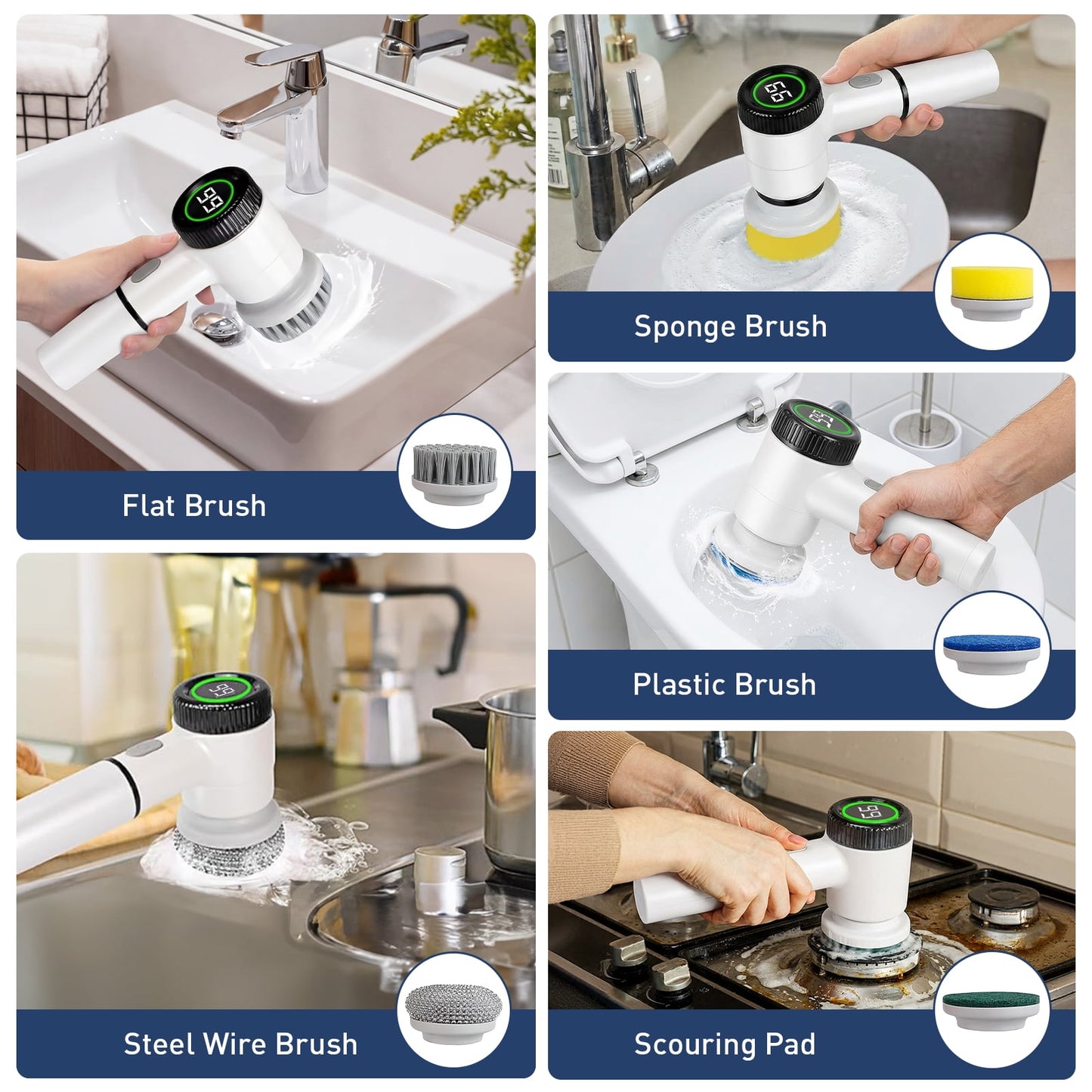 Skdwakiz Electric Spin Scrubber, Cordless Shower Scrubber with 5 Replaceable Heads, 3 Speeds Electric Power Scrubber for Cleaning, Full-Waterproof Cleaning Brush for Bathroom Kitchen Sink