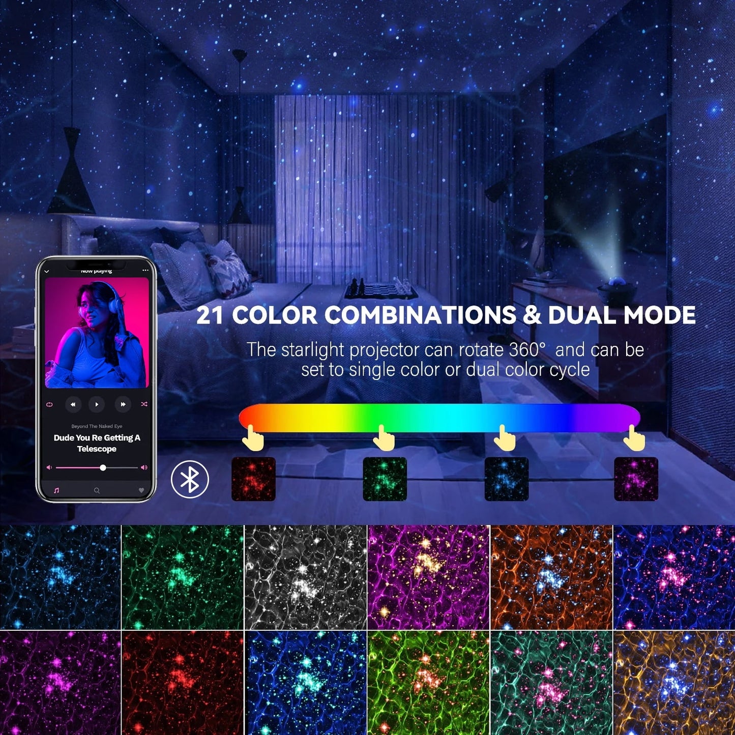 Stars Projector, Galaxy Light Projector for Bedroom 21 Effects Rotating Projection Night Light Ceiling Star Galaxy Projector with Bluetooth Timer and Remote Room Decor Lights for Kids Party