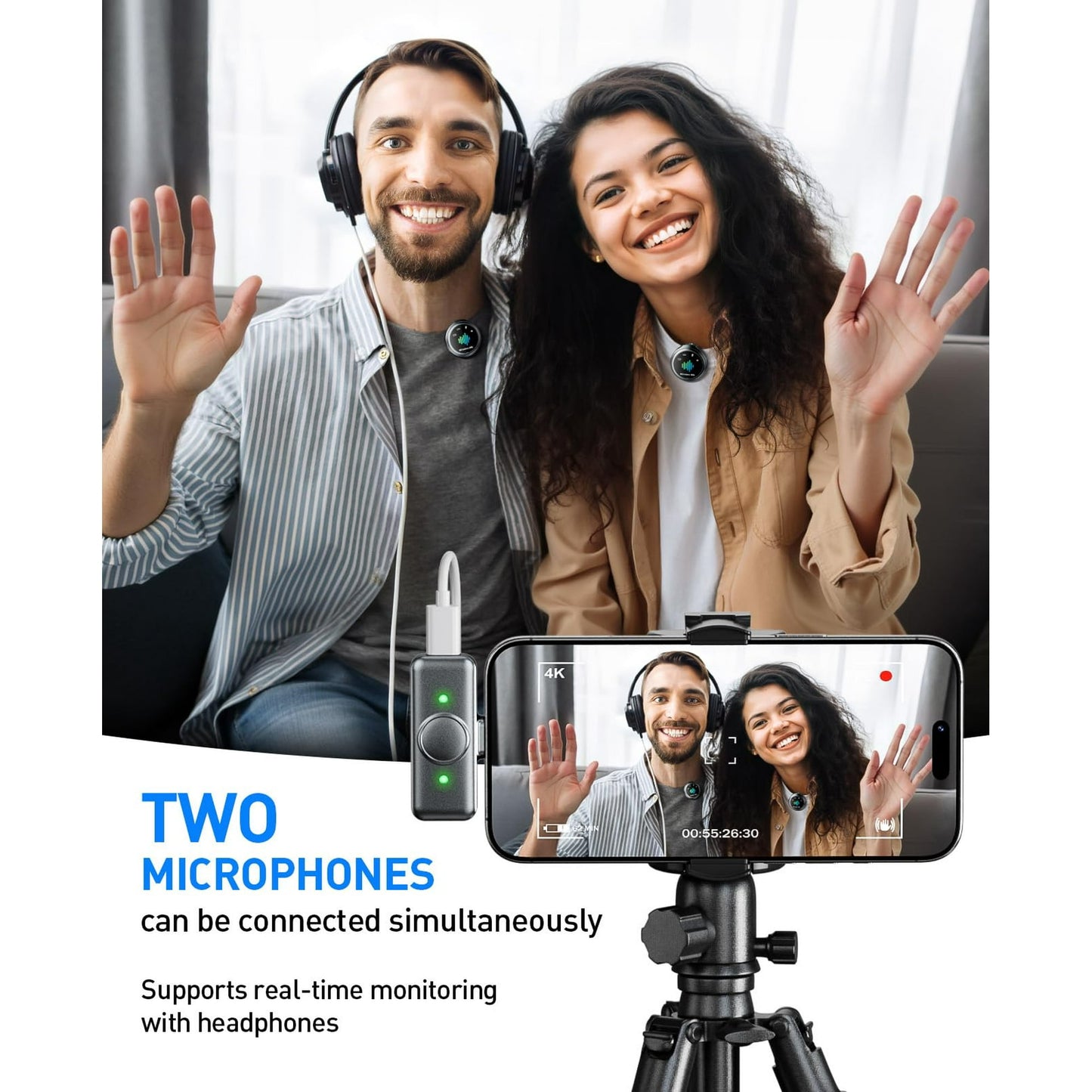 Skdwakiz Wireless Lavalier Microphone: Plug and Play Mini Mic for iPhone & Android, Magnetic Clip Lapel Microphone with Noise Canceling/Real Time Monitoring for Video Recording