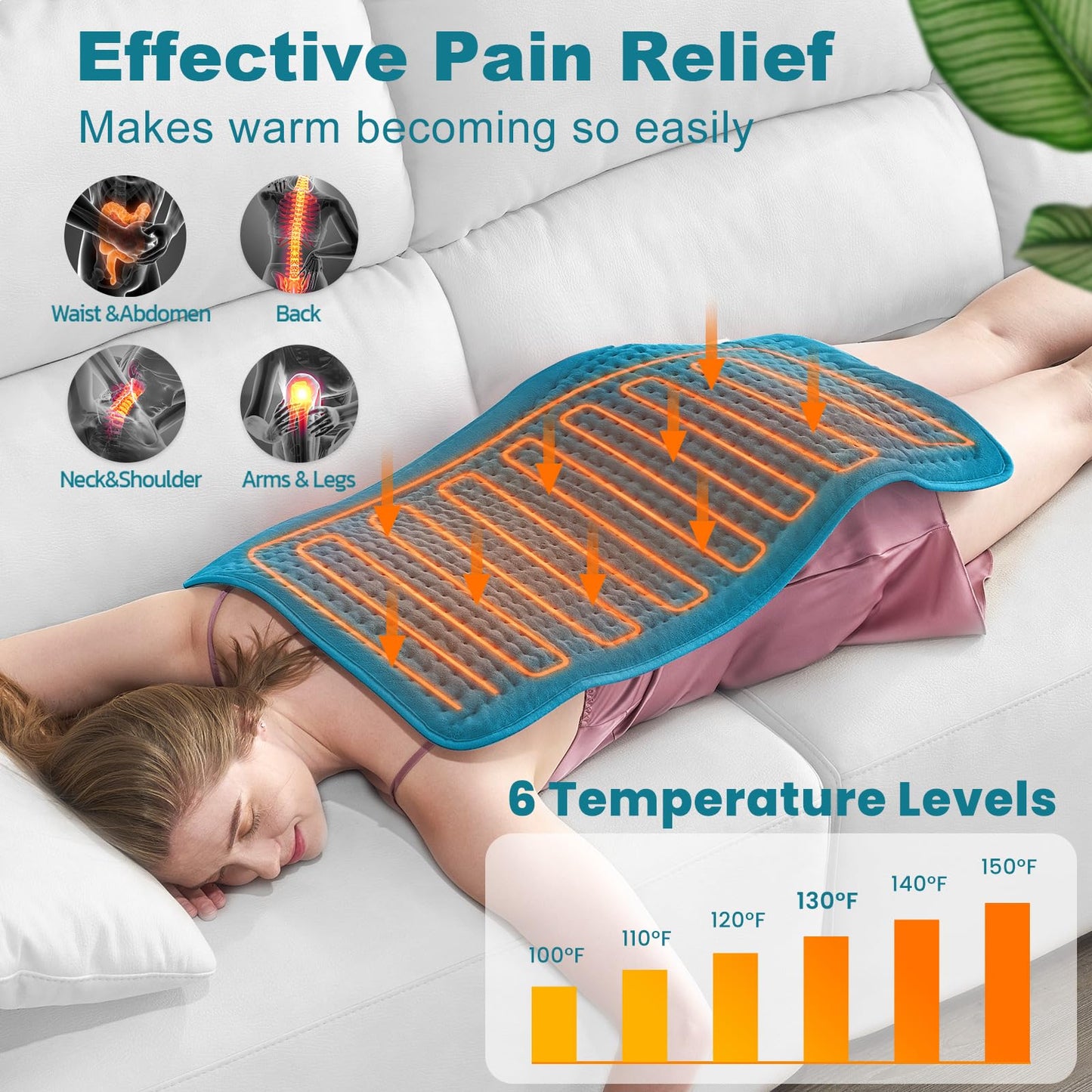 TCVOR Extra Large Heating Pad for Deep Heat and Comfort, 17" x 33" Super Soft Flannel Electric Heating Pad with 6 Heat Settings, 6 Timer Auto Shut off