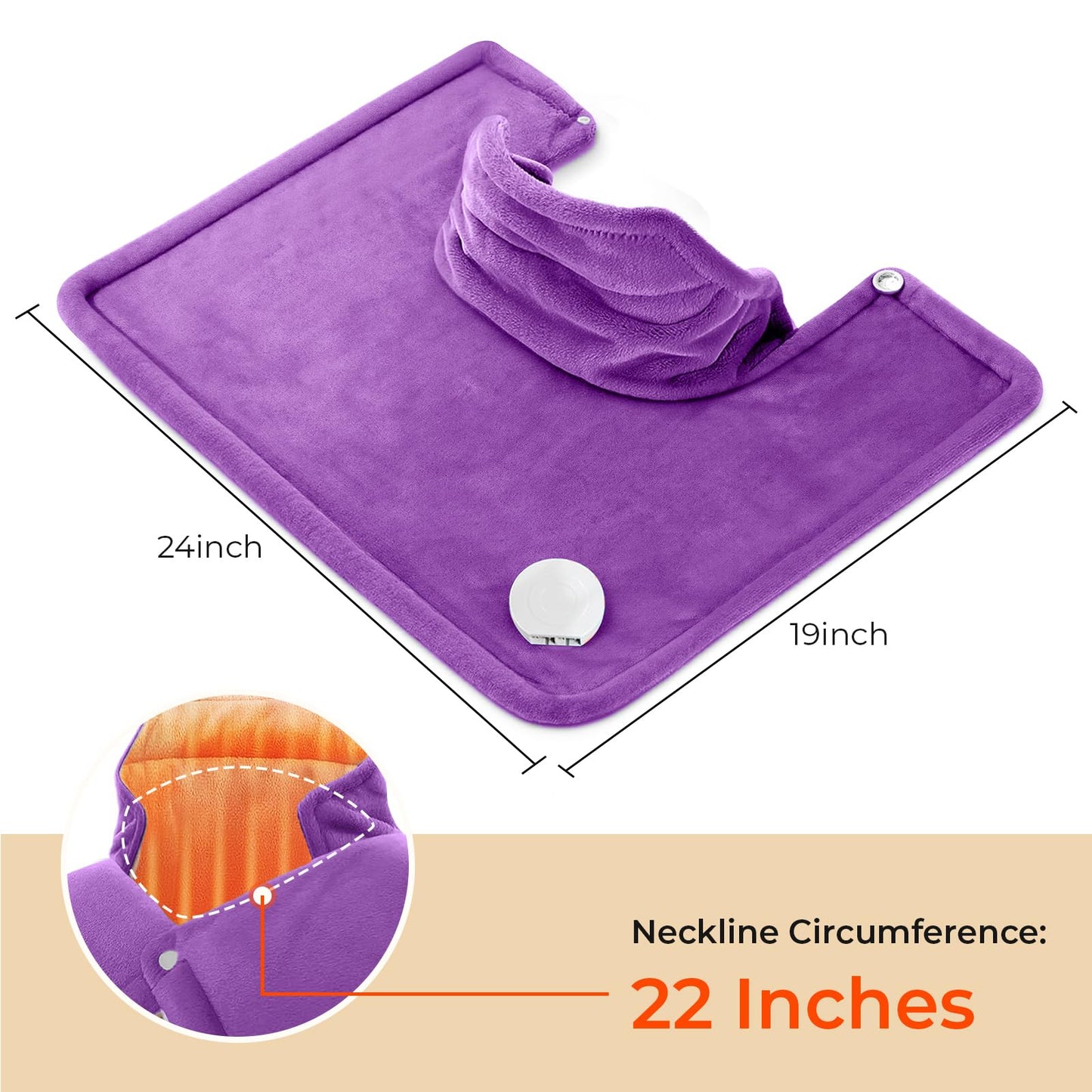TCVOR Soft Flannel Heating Pad for Neck and Shoulders and Back, 19 x 24 in Wearable Weighted Electric Heating Pads with 6 Heat Settings & 6 Timer Auto Shut Off, Puple