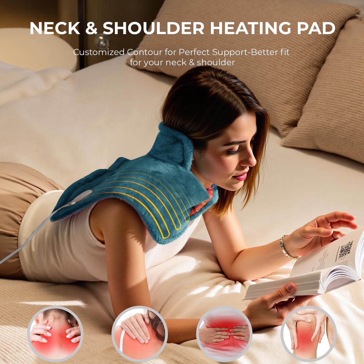 TCVOR Weighted Heating Pad for Neck and Back, Super Soft Flannel Wearable Electric Heating Pads with 6 Heat Settings & 6 Timer Auto Shut Off, 19 x 24 in, Green