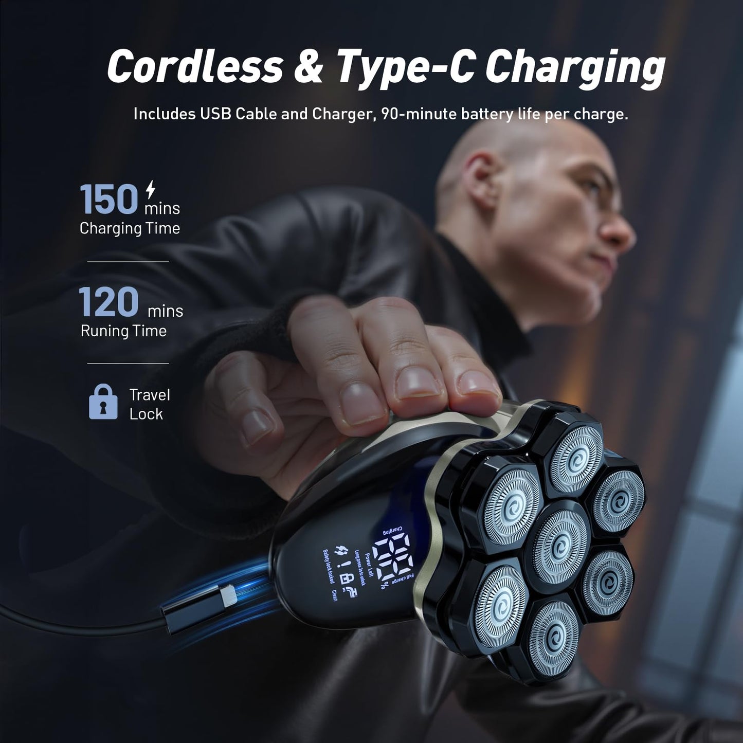 Nogroa Head Shavers for Bald Men, 7D Bald Head Shaver, Magnetic Detachable Electric Razor, IPX6 Waterproof Wet/Dry Hair Beard Trimmer, Grooming Shaving Kit with LED Display&USB-C Charging, Grey