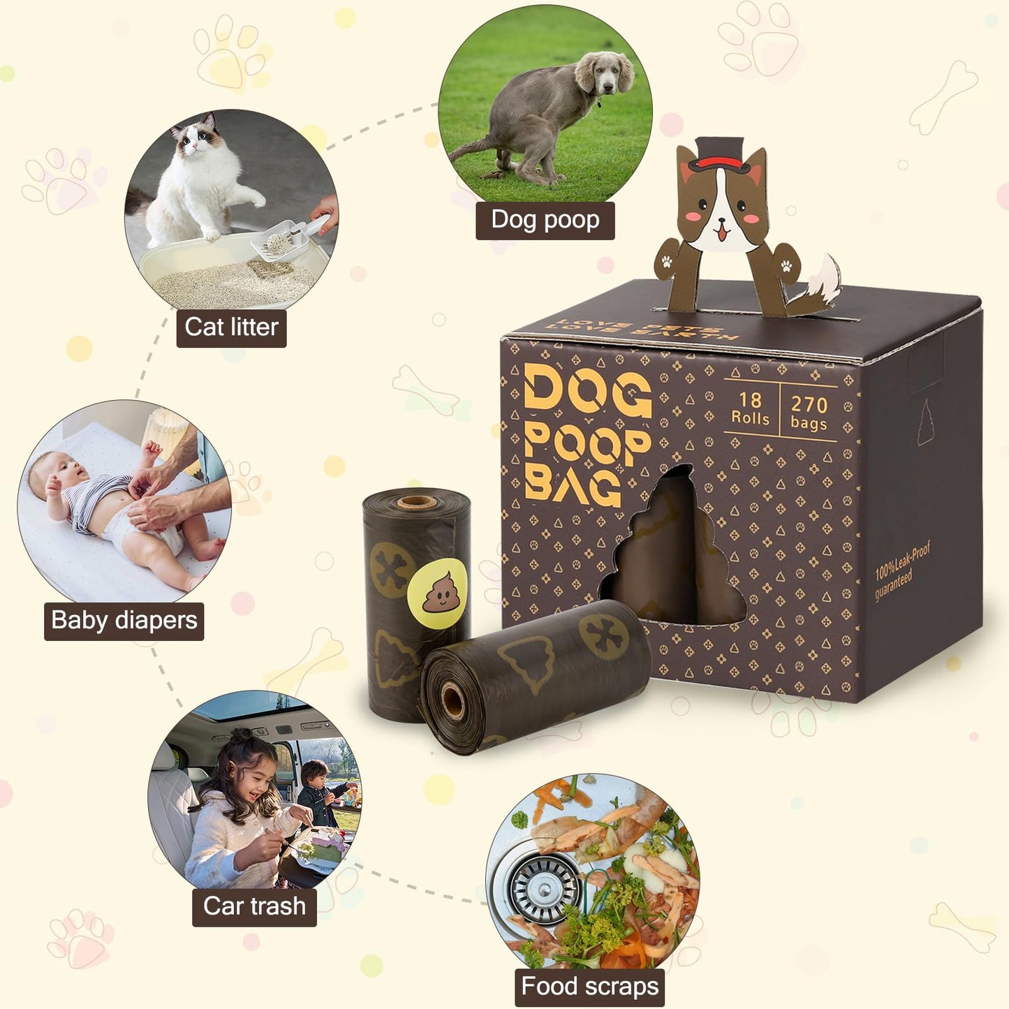 Skdwakiz Dog Poop Bags with Dispenser & Hanging Hoder - 18 Rolls 270 Counts, Extra Thick Leak-Proof Waste Bags with Coffee Scent for Dog and Cat, Brown